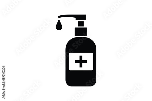 Sanitizer bottle silhouette with pump dispenser and cross symbol for medical hygiene concept