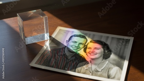 Rainbow light shines across the faces of a vintage smiling couple in an old black and white photograph next to a clear glass prism.