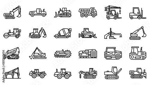 Heavy construction equipment icons set.