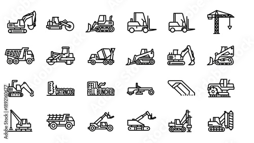 Heavy construction equipment icons set.