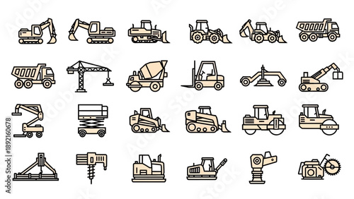 Heavy construction equipment icons set.