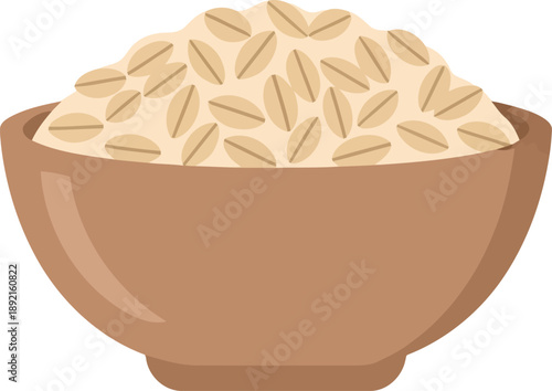 Vector Illustration of Brown Wooden Bowl Filled with Raw Oat Grains Isolated on White Background