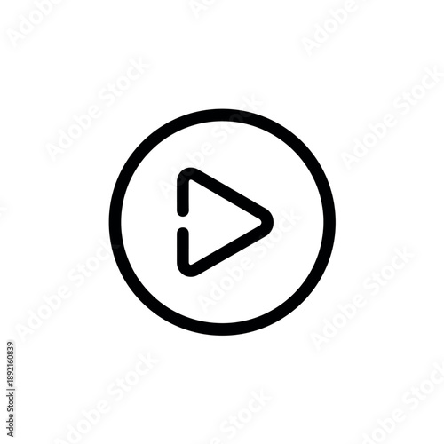 A minimalist black outline of a play button icon is centered within a circular shape, signaling multimedia playback or starting an action.
