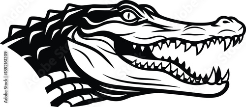 Fierce alligator head illustration in black and white, aggressive reptile line art, bold vector wildlife design for logos, tattoos, posters, branding