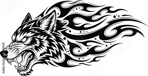 Fierce flaming wolf head illustration in black and white, aggressive tribal animal design with motion flames, perfect for logo, tattoo, t shirt branding