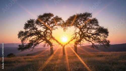 Two oak trees silhouetted against a golden sunset forming a perfect heart shape, symbolizing love and connection in nature.