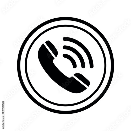 A classic telephone handset with wavy ringing lines is encased within a circular outline, symbolizing an incoming call or active phone communication.