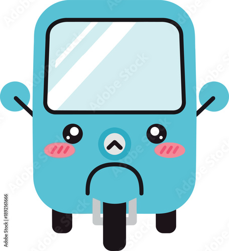 Cute Blue Cartoon Tuk Tuk Vector Illustration with Kawaii Face and Blush for Kids Designs