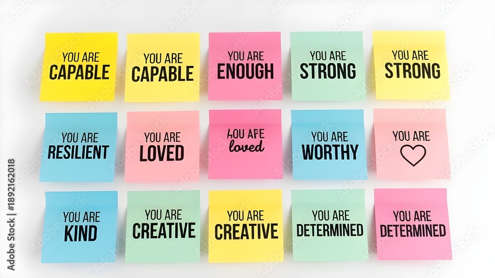 Fototapeta premium Colorful sticky notes display positive affirmations promoting mental wellness and self-esteem growth on a white surface