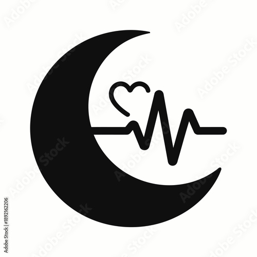 Crescent moon with heart and heartbeat line symbolizing nocturnal health and well-being isolated on transparent background, isolated on white background, Vector, illustration