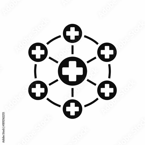 Centralized healthcare network icon illustrating connected medical services and support isolated on transparent background, isolated on white background, Vector, illustration