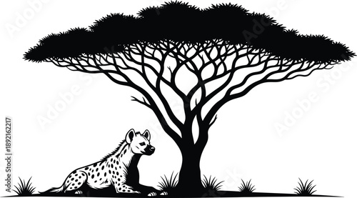 Hyena resting under acacia tree silhouette, African savanna wildlife illustration, black and white nature 