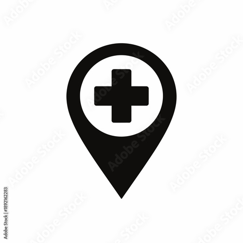 Hospital location pin icon representing medical facility or health clinic destination isolated on transparent background, isolated on white background, Vector, illustration