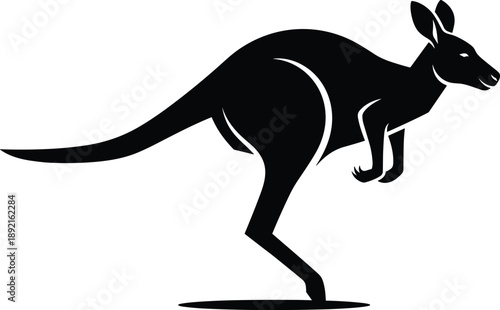 Kangaroo silhouette illustration, jumping marsupial wildlife animal vector, Australian outback symbol design, minimal black graphic isolated on white background