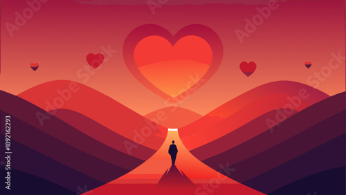 Romantic sunset with hearts and couple silhouette