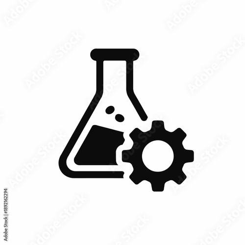 Laboratory flask with a gear icon symbolizing scientific experiment setup and technological development isolated on transparent background, isolated on white background, Vector, illustration