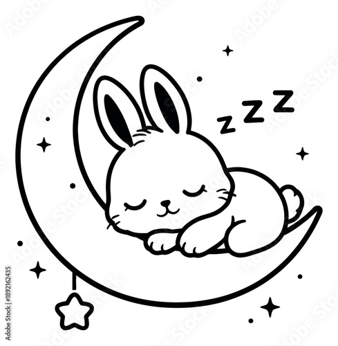 Cute line art illustration of a bunny depicting sleeping peacefully on a crescent moon for nursery and children's designs