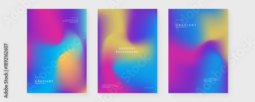 Collection of three vertical posters featuring soft holographic fluid gradients in purple pink and blue tones for contemporary graphic design projects