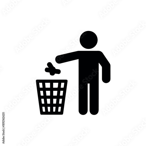 A stick figure person is depicted actively dropping an item into a trash can, symbolizing waste disposal, recycling, or environmental responsibility.