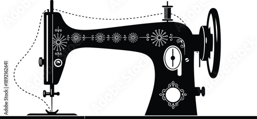 Vintage sewing machine silhouette with floral ornament design