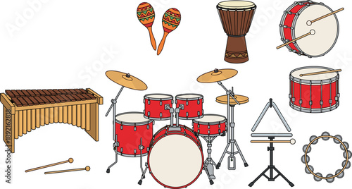 Percussion instruments vector set with drum kit, maracas, bongos, bass drum, xylophone, tambourine and rhythm accessories