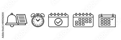 Minimal Line Icons Set of Time, Alarm, Calendar and Checklist – Simple Outline UI Symbols.