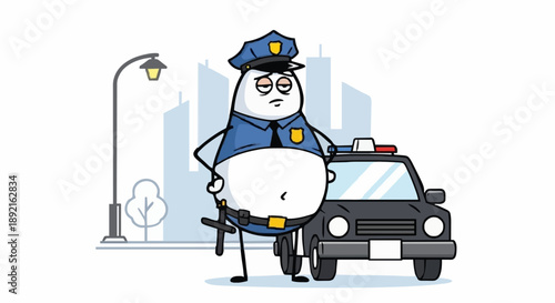 Fat Egg Shaped Police Officer Standing Next To Police Car.