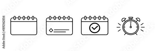 Minimal Line Icons Set of Time, Alarm, Calendar and Checklist – Simple Outline UI Symbols.