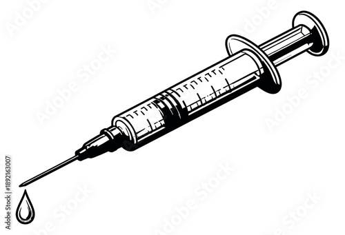 Hand drawn line art illustration of a syringe depicting a drop of medicine for injection