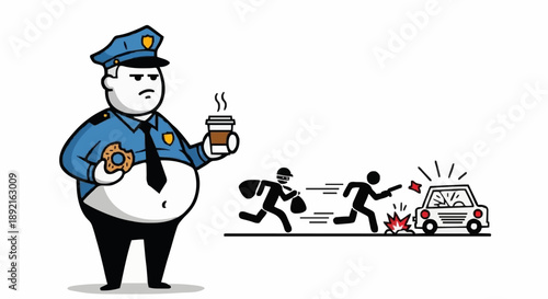 Fat Police Officer Holding Coffee and Donut Ignoring Crime Scene.