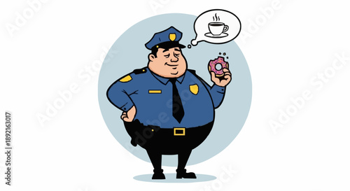 Fat Police Officer Holding Coffee and Donut Thinking About Food.