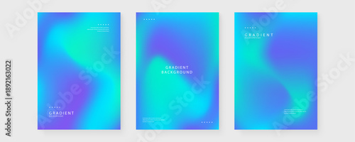 Collection of three modern posters with cyan blue and purple gradient backgrounds featuring subtle grain and fluid shapes