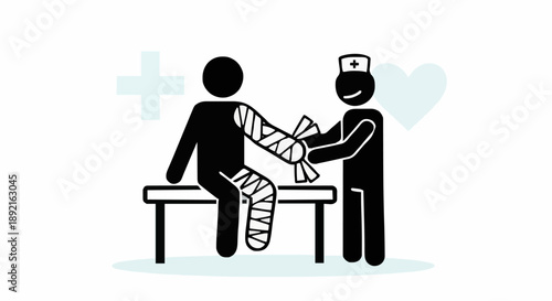 Doctor applying bandage to injured patient stick figure.