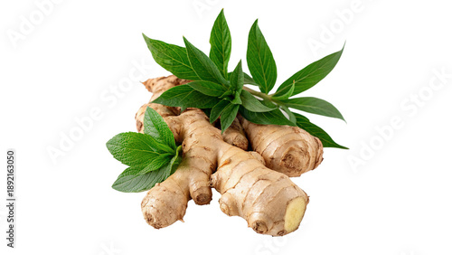 Photos Fresh ginger root with green leave isolated on transparent background cut out