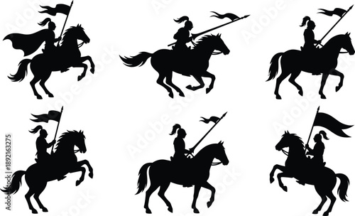 Medieval knight cavalry silhouettes on horseback with flags and lances, historical warrior riders black vector illustration isolated on white background