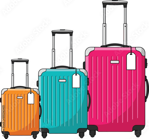Colorful travel suitcase vector illustration set featuring rolling luggage bags in different sizes, vacation packing gear, and airport trip essentials