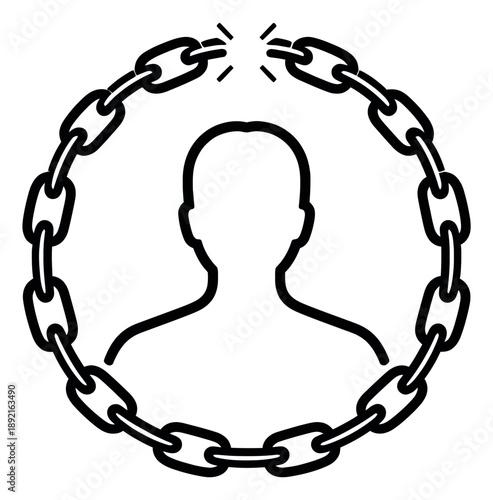 Line art illustration of a human silhouette depicting freedom and liberation from broken chains for personal empowerment concepts