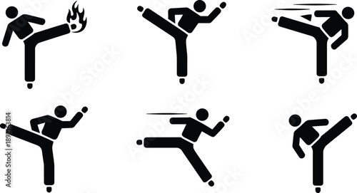 Black and white vector icon set featuring simple human stick figures performing various martial arts kicks including high kicks jump kicks and fire kicks