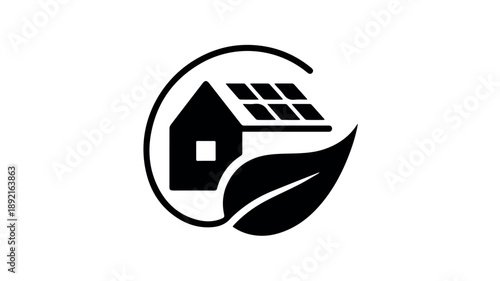 A compelling circular icon showing a house with solar panels on its roof, surrounded by a leaf, symbolizing green energy, sustainability, and environmentally friendly living.
