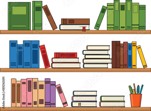 Bookshelf vector illustration set featuring colorful books on wooden shelves with stacked volumes, library study decor, and education reading concept