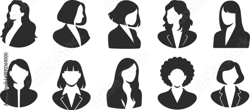 Black and white vector silhouette set featuring diverse professional women with various hairstyles and business attire for corporate identity and leadership portrait design