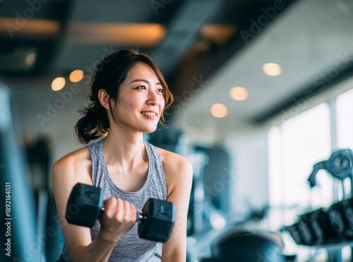 トレーニングジムでダンベルを持つ女性