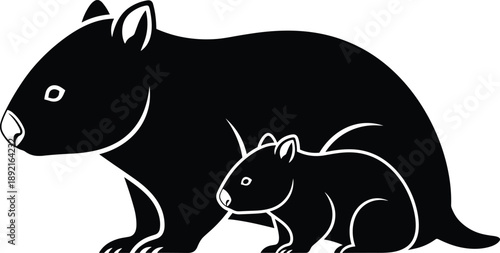 Mother and baby bear silhouette illustration, minimalist black and white wildlife vector showing parental care, animal family bond, nature concept design