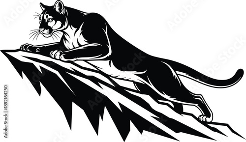 Mountain lion silhouette illustration climbing rocky slope, powerful wild big cat predator, black and white wildlife artwork, strength agility nature symbol