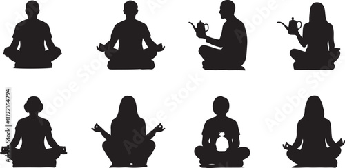 Silhouette of people meditating in various yoga poses together