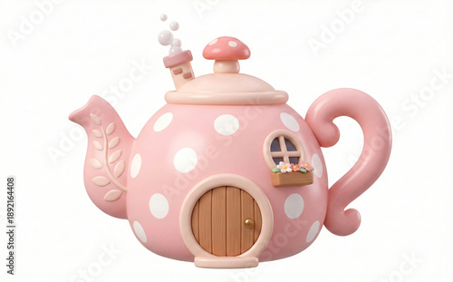 A whimsical 3D pink teapot house, adorned with white polka dots, a small wooden door, and mushroom decor