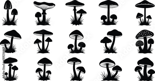Mushroom silhouette collection, forest fungi icon set, black and white vector illustrations, wild toadstool shapes, botanical nature elements, fairy tale 
