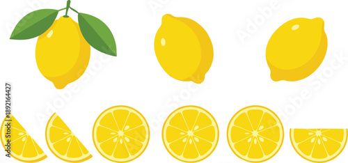 Lemon fruit vector illustration set featuring whole lemons and sliced citrus pieces, fresh yellow produce icons, and healthy food design elements