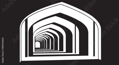 Monochromatic illustration of a long tunnel with arches