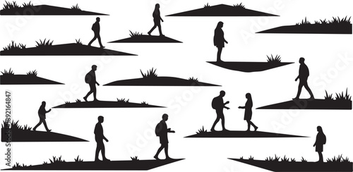 Silhouettes of people walking on grassy hills and landscapes